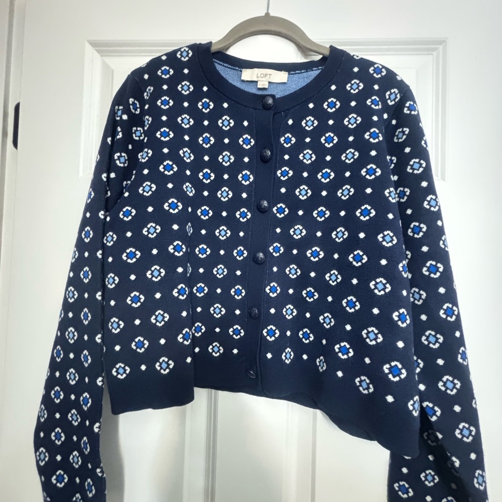 LOFT Dark Blue Geometric Knit Cardigan